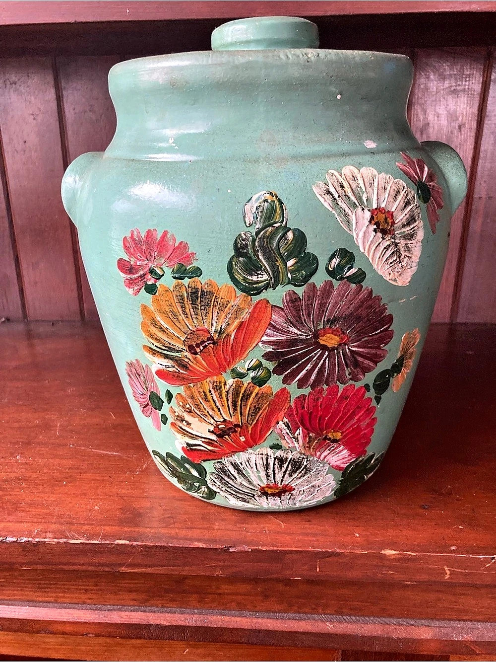 Vintage 1930’s Ransburg Pottery Indiana Painted Floral Cookie Jar Aqua